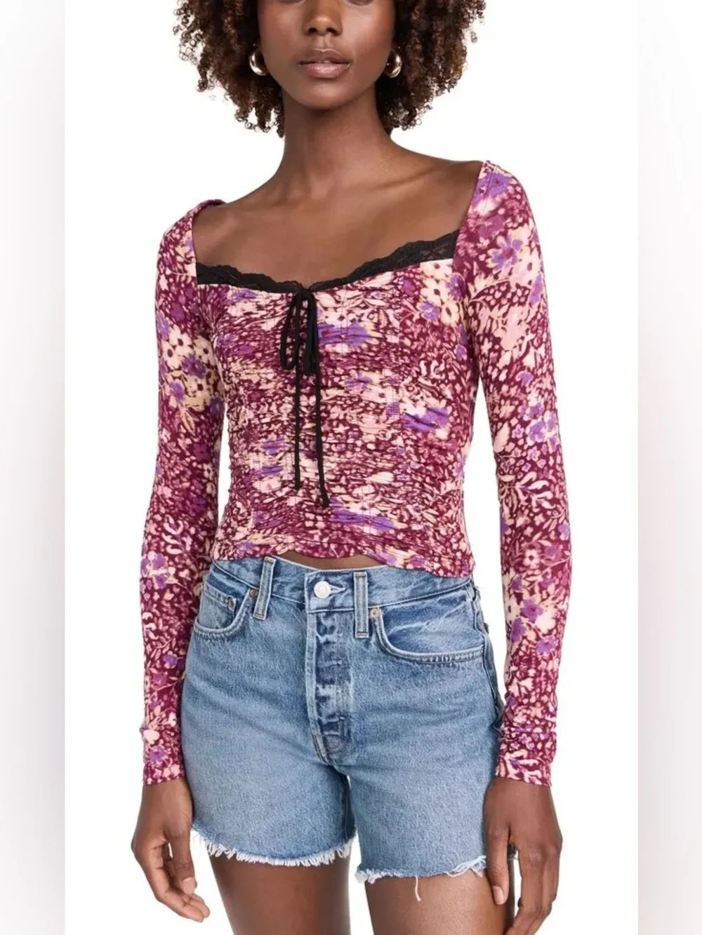 FREE PEOPLE Layer It On Me Top - Size Small - Red Combo Long Sleeve Boho - NWT